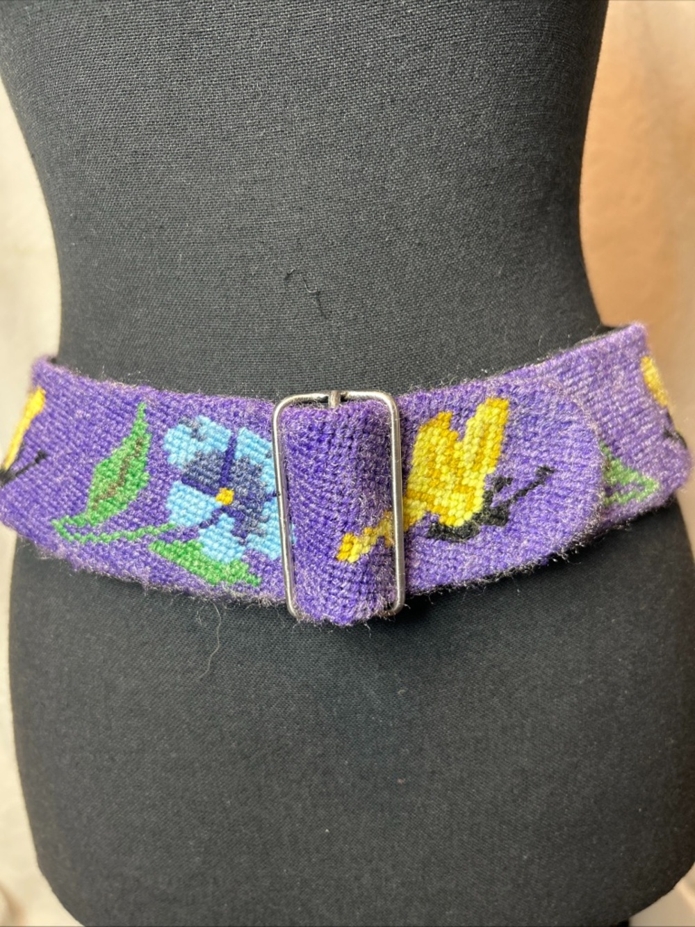 Peru Hand Made Embroidered Women's Wool Purple Belt Whimsy Boho Butterflies S-M